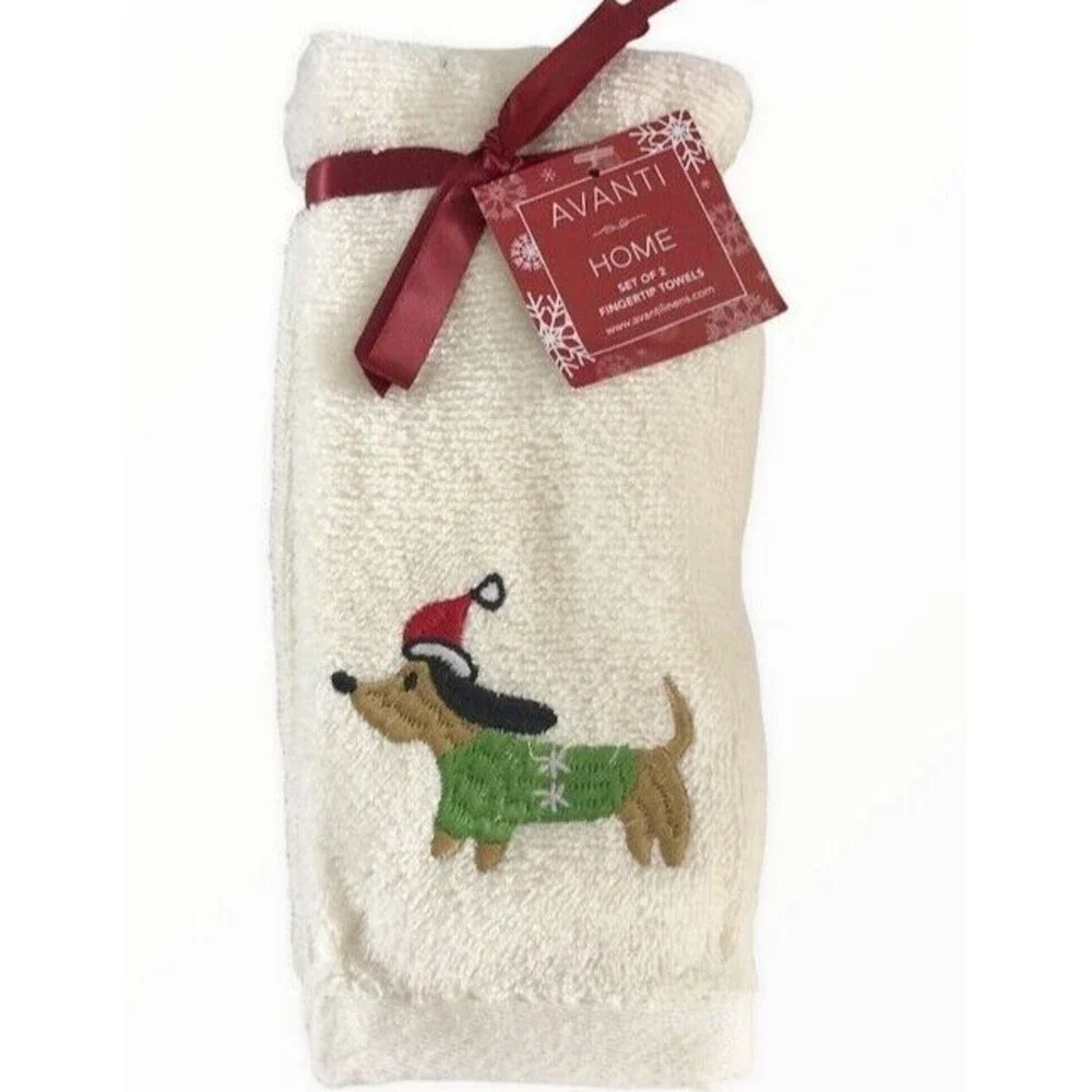 Avanti Christmas Dachshund Fingertip Towel Set Of 2 Ivory Doxie Hot Dog Holiday